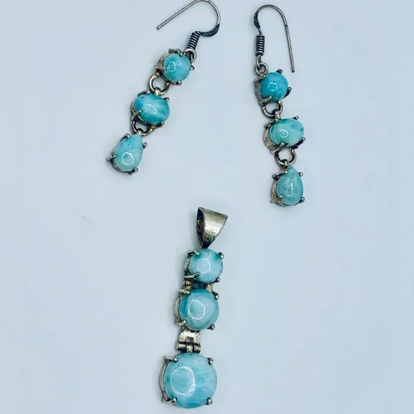 Elegant Blue Larimar Stones Jewelry Set - Earrings & Pendant - Picture 2 of 4